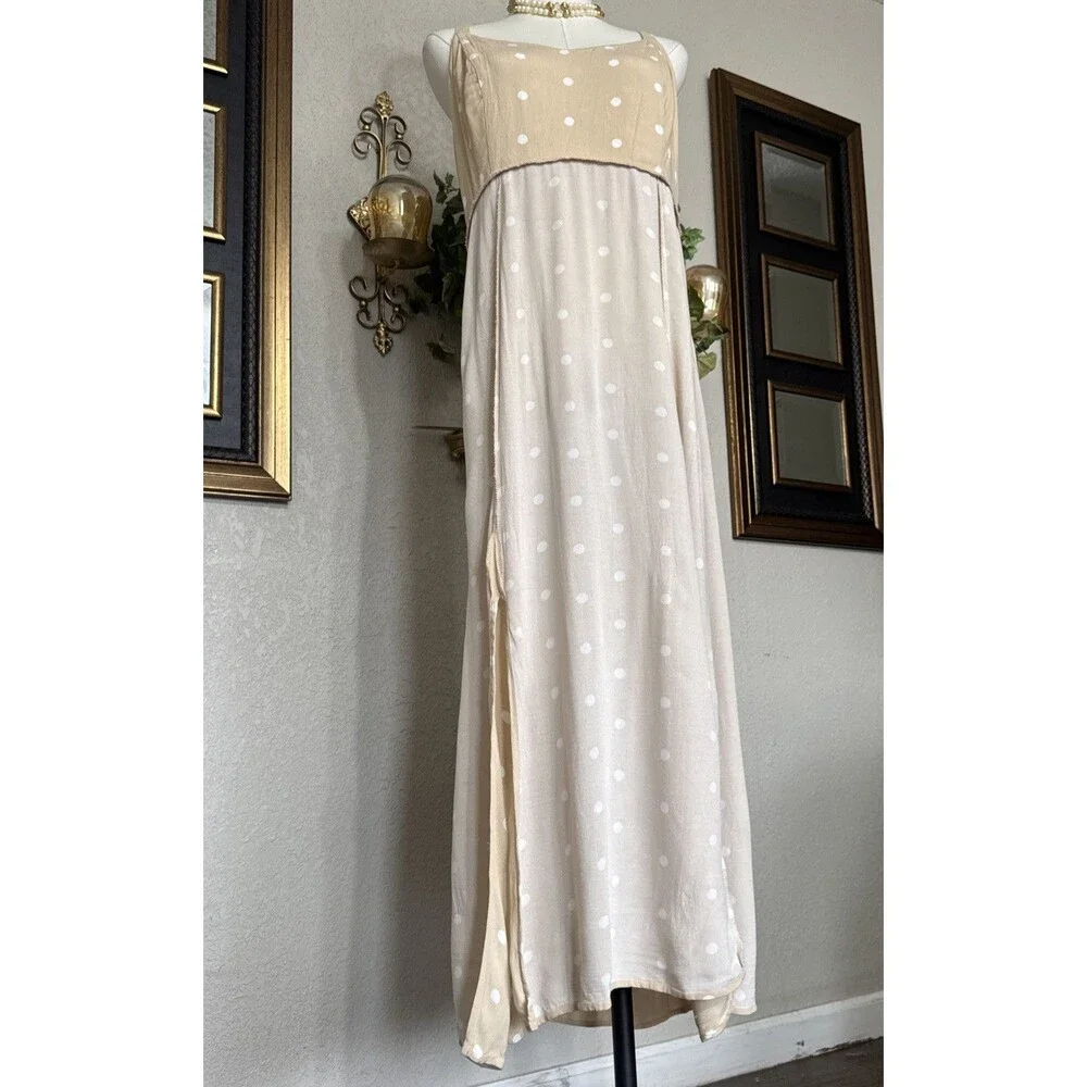 old navy strap tank maxi Dress beige white polka dot Y2K mocked back Size L - Picture 4 of 16